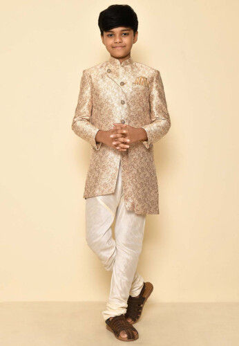 Woven Art Silk Jaquard Asymmetric Sherwani Set in Cream