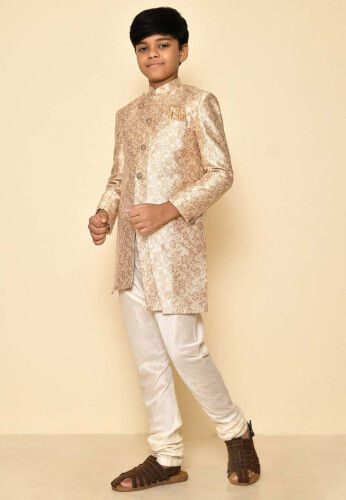 Woven Art Silk Jaquard Asymmetric Sherwani Set in Cream