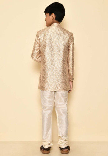 Woven Art Silk Jaquard Asymmetric Sherwani Set in Cream