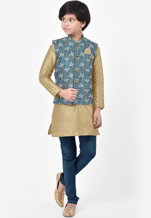 Woven Art Silk Kurta Jacket Set in Beige