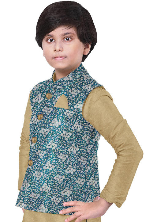 Woven Art Silk Kurta Jacket Set in Beige