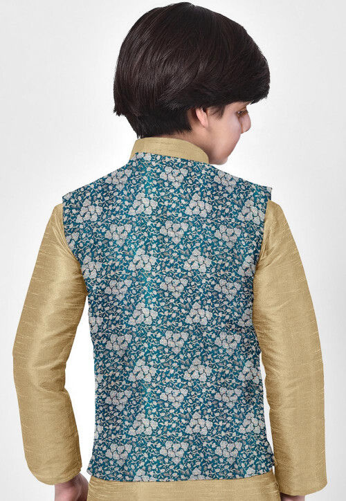 Woven Art Silk Kurta Jacket Set in Beige