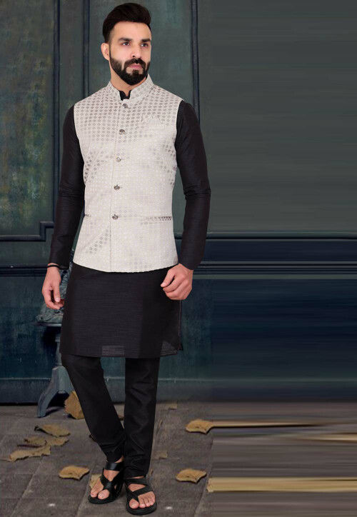 Black kurta pajama with grey jacket 2025