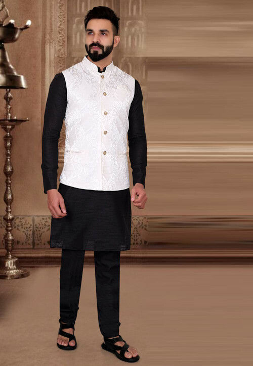 Woven Art Silk Kurta Jacket Set in Black and Off White : MHG2005