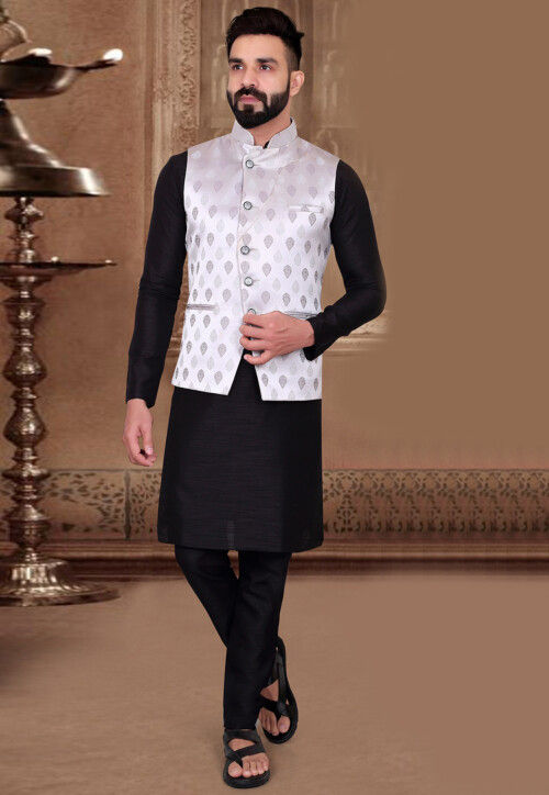 White kurta with black waistcoat top