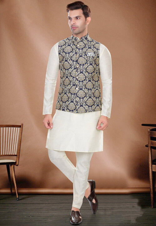 Woven Art Silk Kurta Jacket Set in Cream and Navy Blue MHG2339