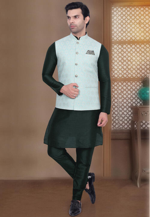 Buy Woven Art Silk Kurta Jacket Set in Dark Green and Sky Blue Online :  MHG2551 - Utsav Fashion