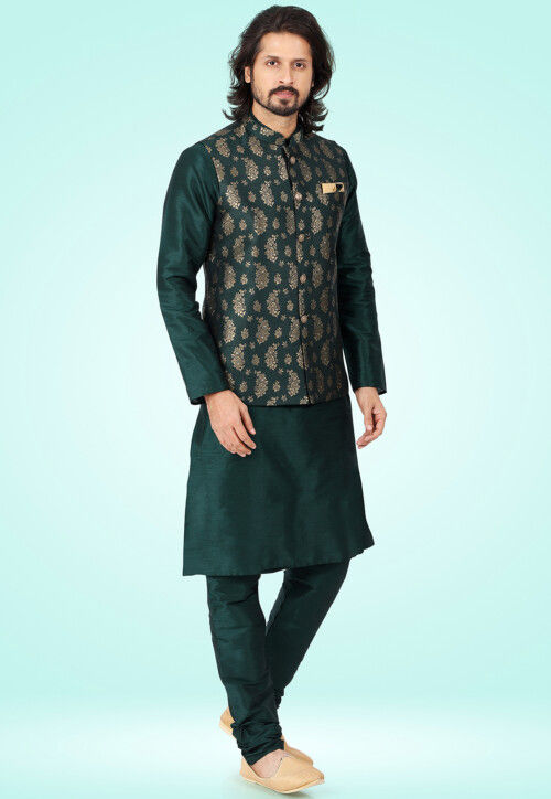 Woven Art Silk Kurta Jacket Set in Dark Green