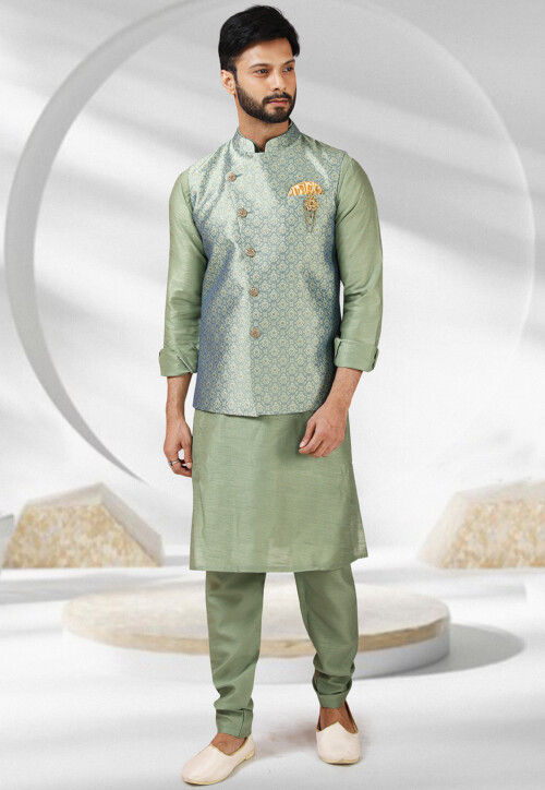 Buy KISAH Men Lime Green Kurta Jacket (Set of 3) online