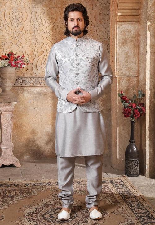 Magnificent Traditional Wear Satin Fabric Grey Color Kurta Pyjama With  Jacket