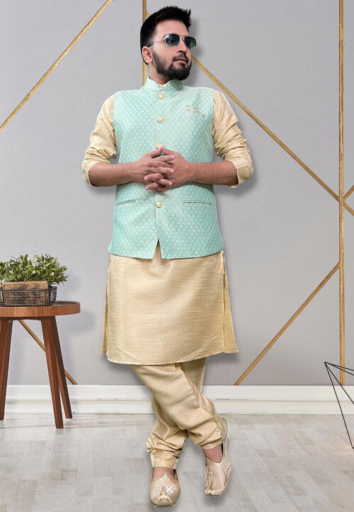 Green,Golden Colour Banarasi Silk Mens Kurta Pajama Jacket.