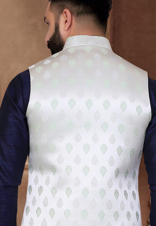 Woven Art Silk Kurta Jacket Set in Navy Blue and White