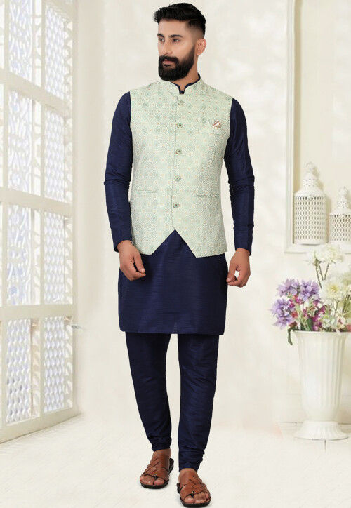 Buy Woven Art Silk Kurta Jacket Set in Navy Blue and Light Green