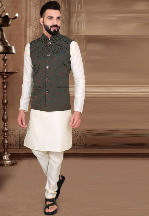 Off White Kurta Pajama With Maroon Nehru Jacket 786MW11