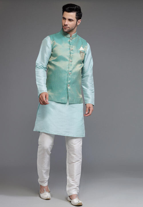 Woven Art Silk Kurta Jacket Set in Sky Blue and Light Blue