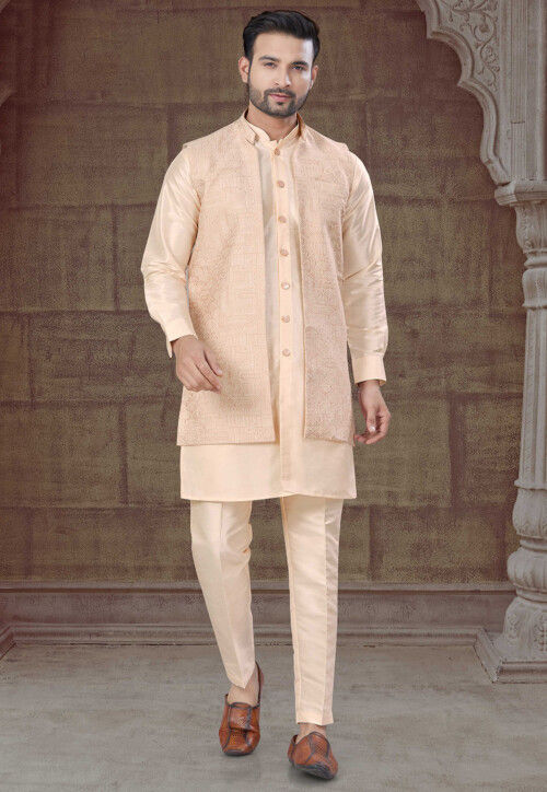 Woven Art Silk Kurta Set in Beige