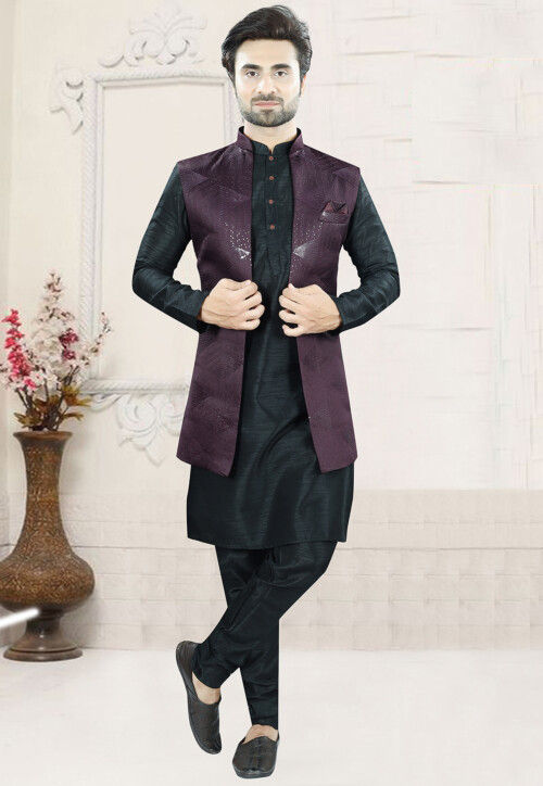 Woven Art Silk Kurta Set in Black