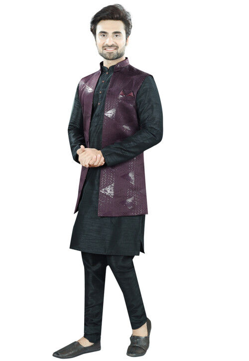 Woven Art Silk Kurta Set in Black