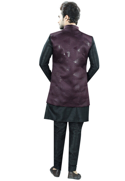 Woven Art Silk Kurta Set in Black