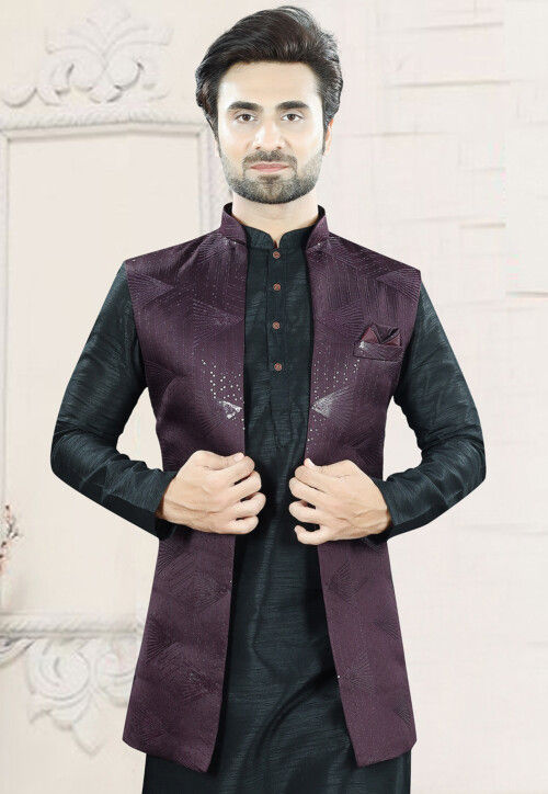 Woven Art Silk Kurta Set in Black