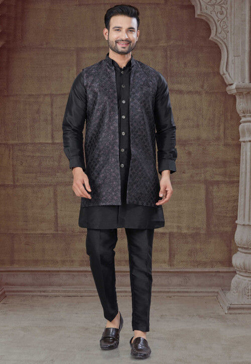 Woven Art Silk Kurta Set in Black