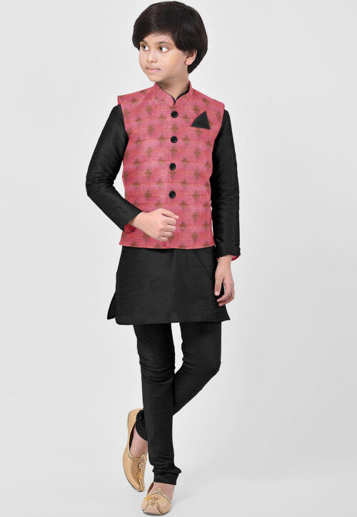 Woven Art Silk Kurta Set in Black