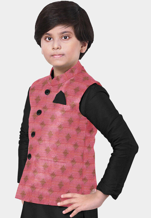 Woven Art Silk Kurta Set in Black