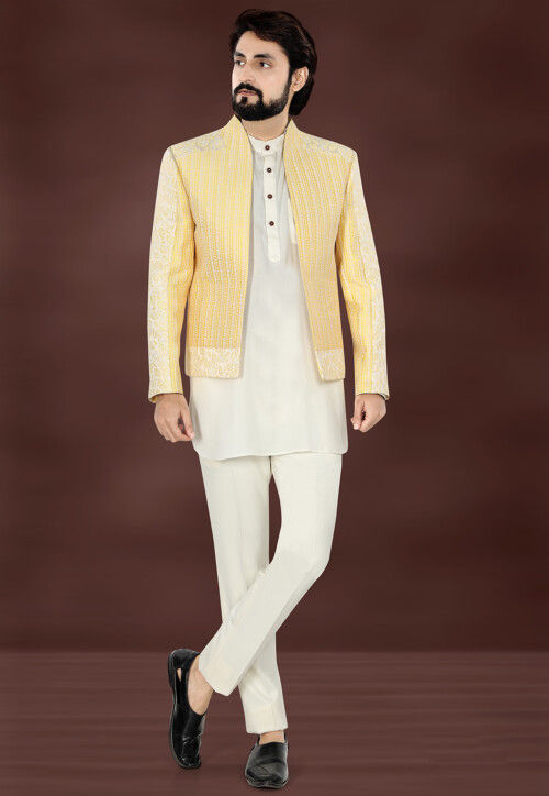 Woven Art Silk Kurta Set in Cream