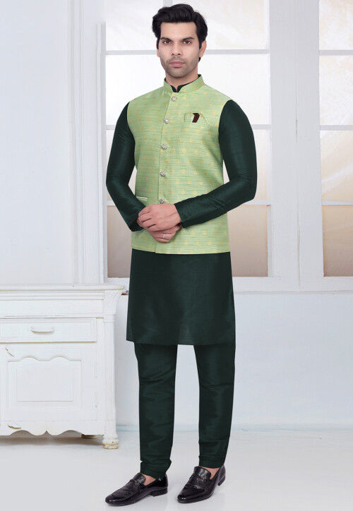 Woven Art Silk Kurta Set in Dark Teal Green and Light Green