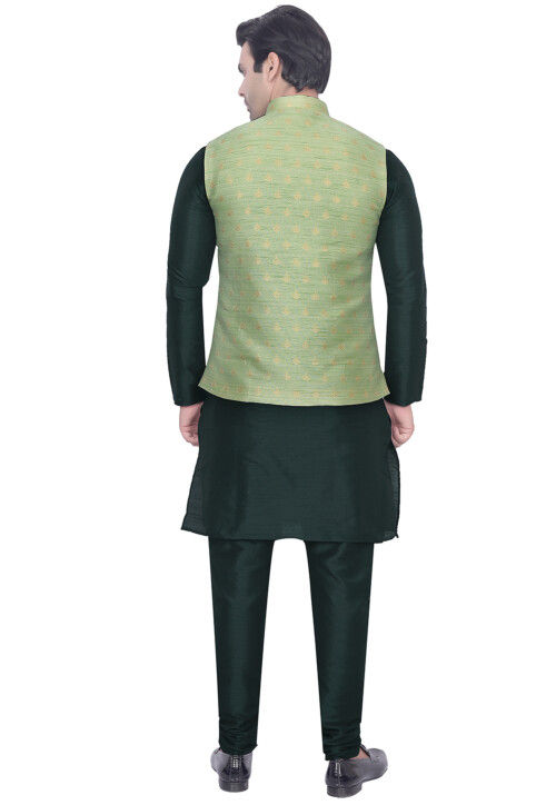 Woven Art Silk Kurta Set in Dark Teal Green and Light Green