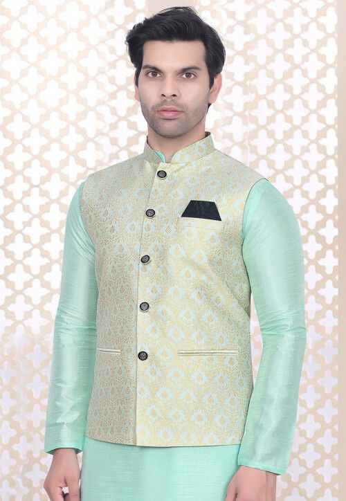 Woven Art Silk Kurta Set in Sea Green
