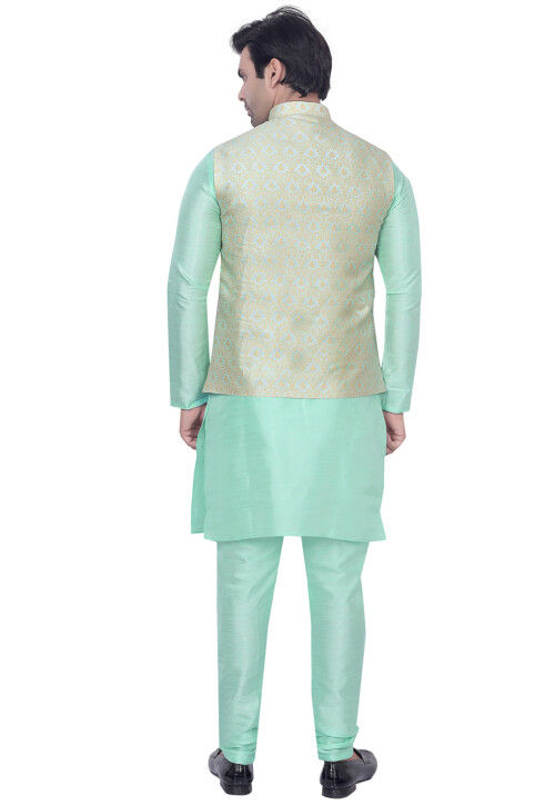 Woven Art Silk Kurta Set in Sea Green