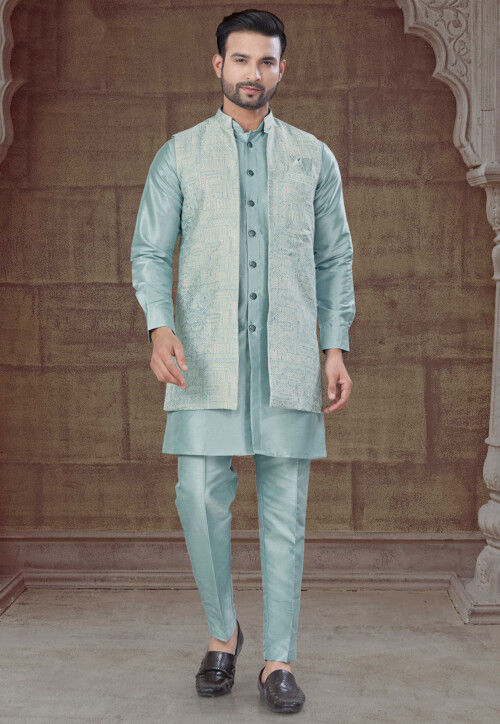 Woven Art Silk Kurta Set in Sky Blue