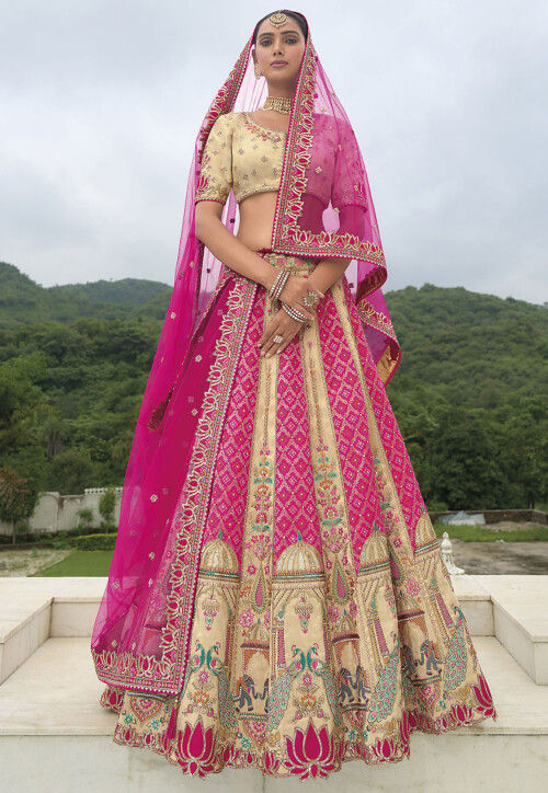 Woven Art Silk Lehenga in Beige and Pink