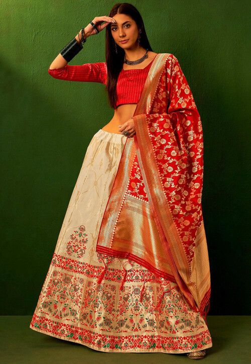 Woven Art Silk Lehenga in Beige