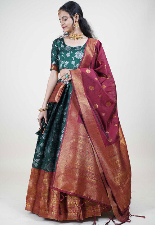 Woven Art Silk Lehenga in Dark Green