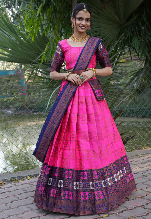 Woven Art Silk Lehenga in Fuchsia