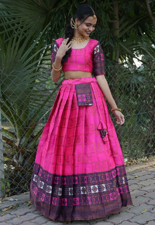 Woven Art Silk Lehenga in Fuchsia