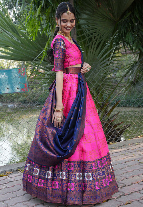 Woven Art Silk Lehenga in Fuchsia