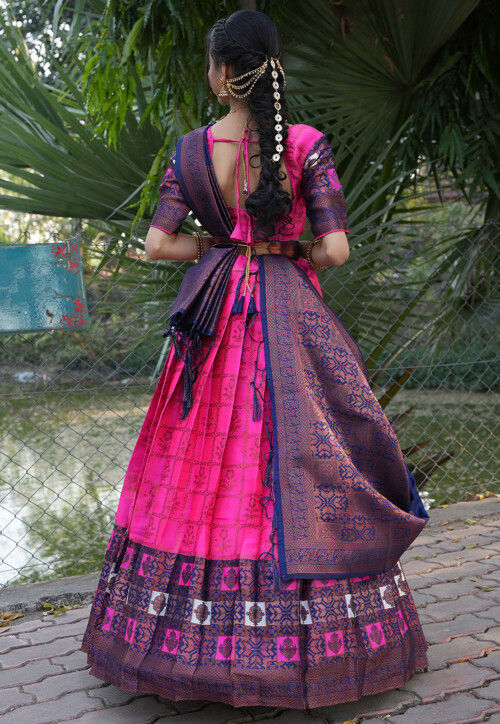 Woven Art Silk Lehenga in Fuchsia