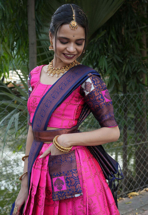 Woven Art Silk Lehenga in Fuchsia