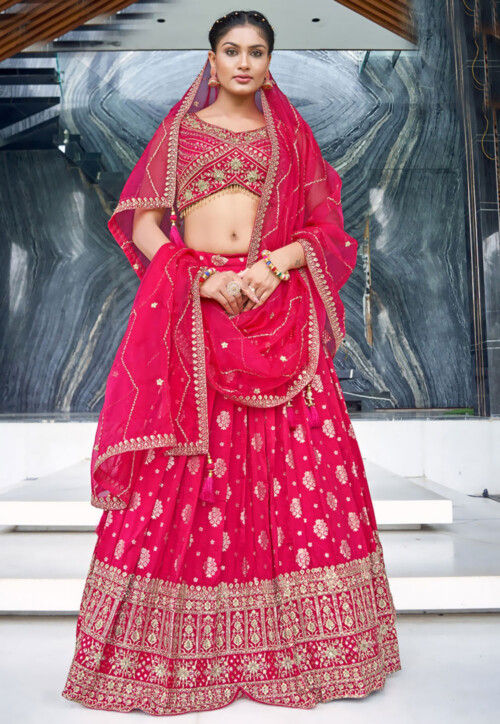 Woven Art Silk Jacquard Lehenga in Fuchsia