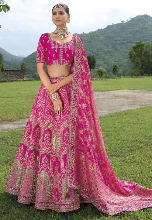 Woven Art Silk Lehenga in Fuchsia