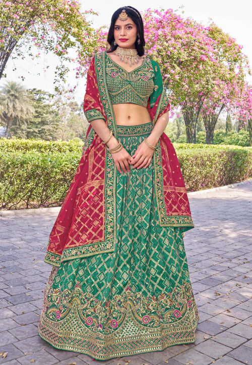 Woven Art Silk Lehenga in Green