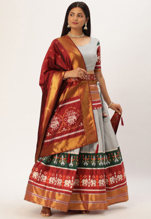 Woven Art Silk Lehenga in Grey