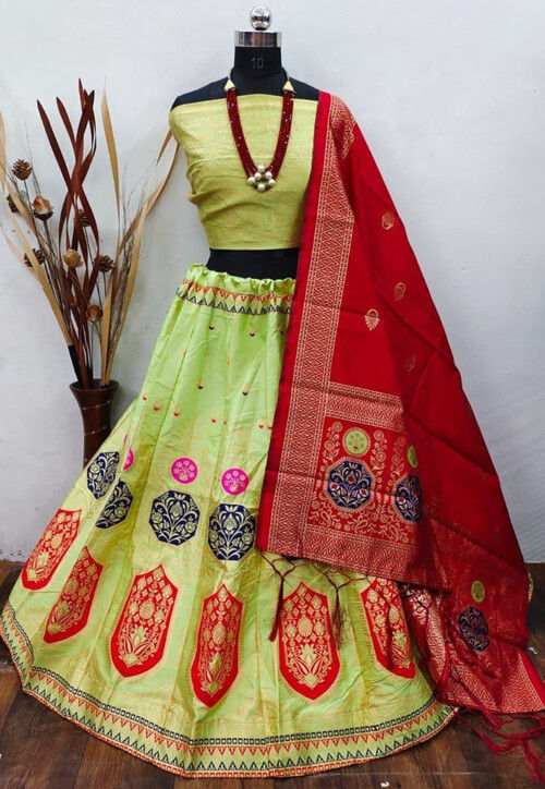 Woven Art Silk Lehenga in Light Green