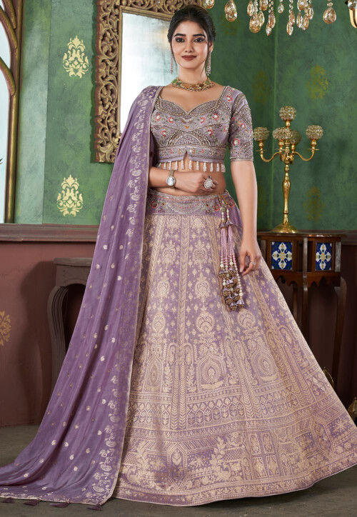 Woven Art Silk Jacquard Lehenga in Light Purple