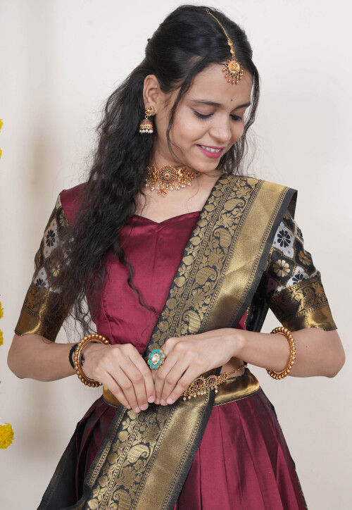 Woven Art Silk Lehenga in Maroon
