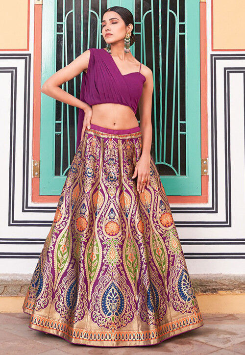 Woven Art Silk Lehenga in Multicolor