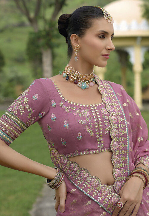 Woven Art Silk Lehenga in Multicolor